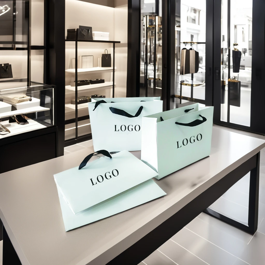 Luxury Boutique Jewelry Small Gift Packaging-Custom Print Logo Hot Stamping Art Paper Cotton Handle Ribbon Premium Paper Bag