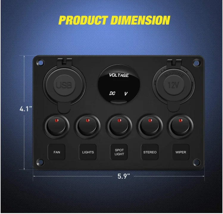 WattBons 5 Gang Rocker Switch Panel Pre-Wired Aluminum Switch Panel with Dual USB Cigarette Lighter Socket Voltmeter 12V-24V