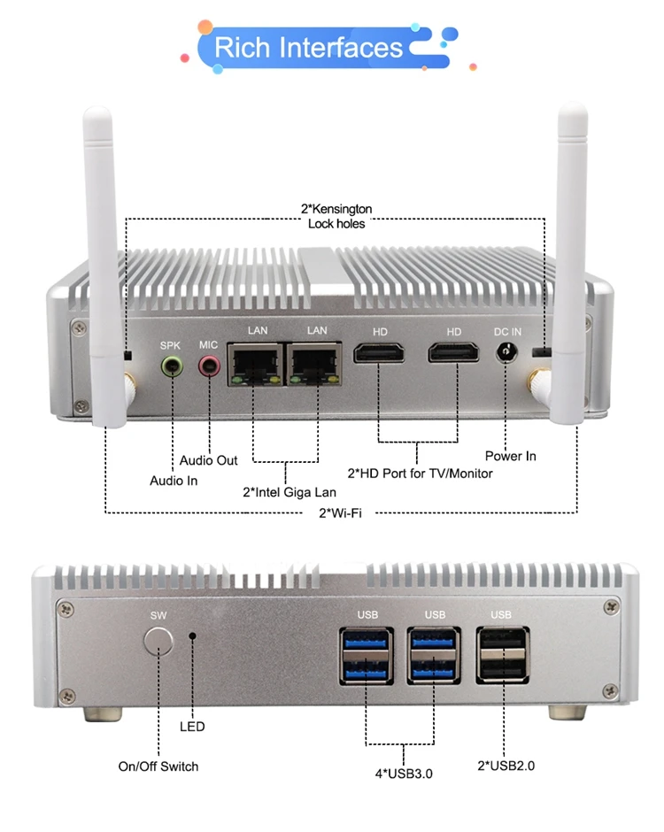 SOYEER In-tel N3700 Fanless Mini PC VGA HD WIFI Nettop Computer 4K HTPC Portable Office Computer Linux/win10 Mini PC