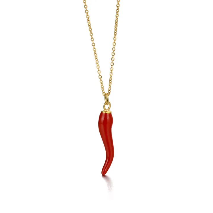 Fashion Stainless Steel Gold Silver Link Chain Oil-dripping Chili Pepper Necklace Red Color Italian Horn Statement Necklace