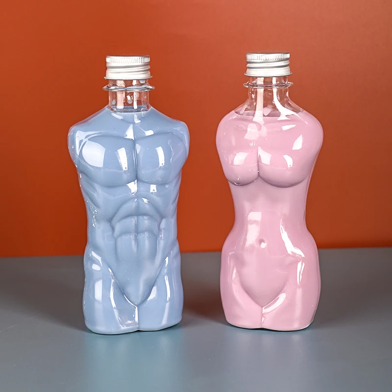 Luxury Beverage Packaging Bottles Set PET 500ml 200ml Women Female Body Shaped Bottle with Aluminum Lid