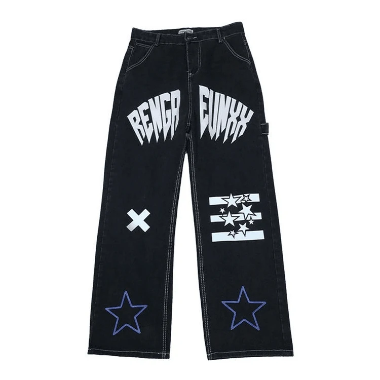 Custom Logo Print High Waist Jeans Vintage Streetwear Hip Hop Black Baggy Jeans Women Fashion Straight Wide Leg Jeans