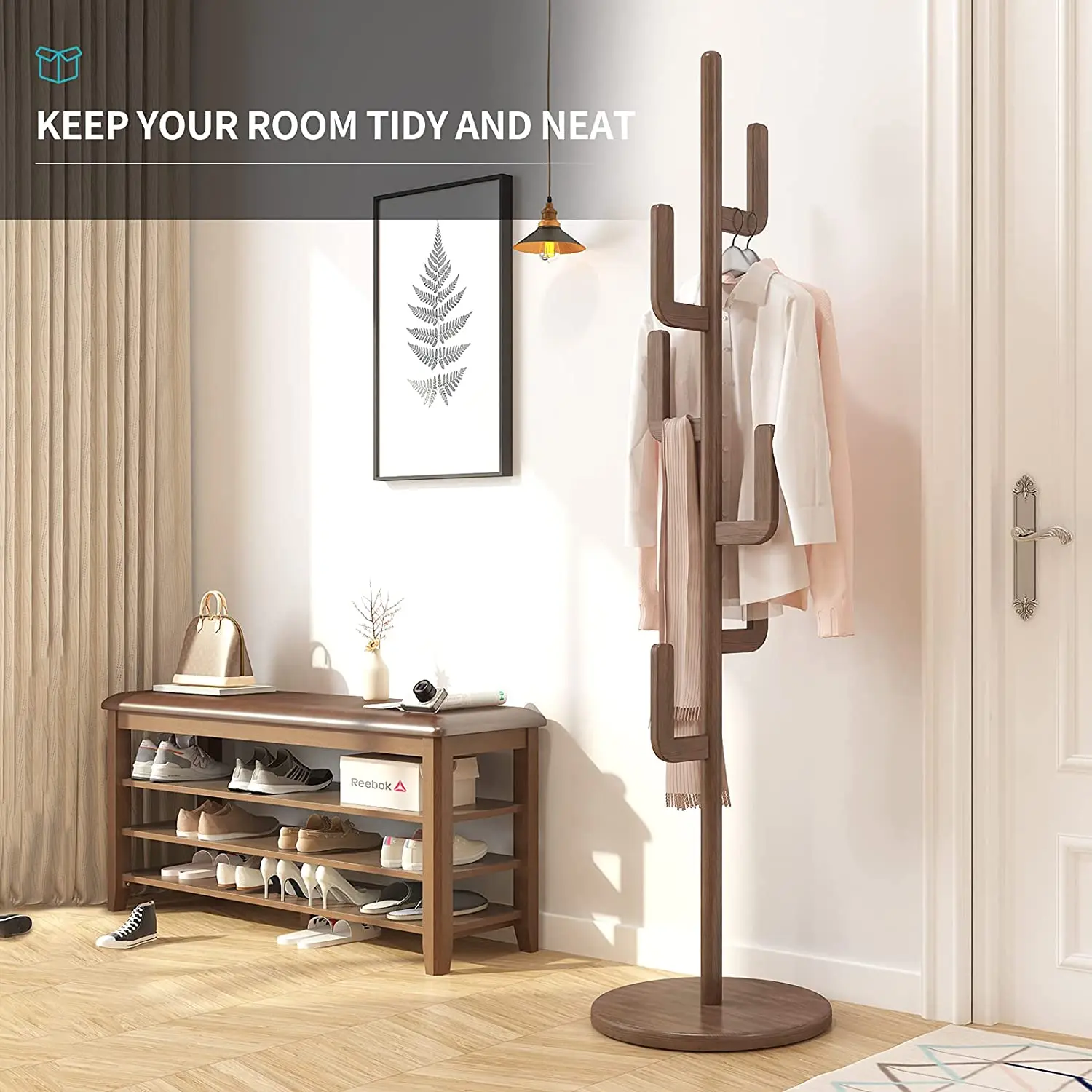 Hallway Entrance with 6 Hooks for Bedroom Office Clothes Jacket Purse Bag Cactus Shape Walnut Freestanding Coat Tree