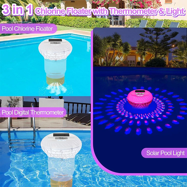 OEM ODM Solar LCD Thermometer Floating Chlorine Dispenser Floater Chlorinator Pool Chlorine Tablets for Swimming pool