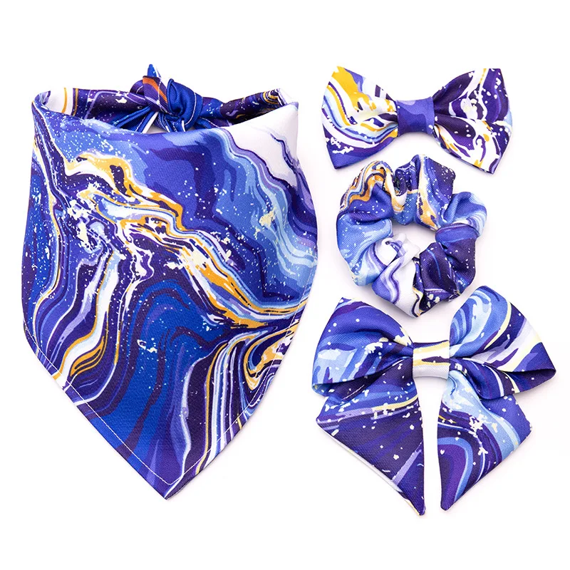 New design fashion luxury dog bandana and scrunchie set blue dog birthday bandana matching