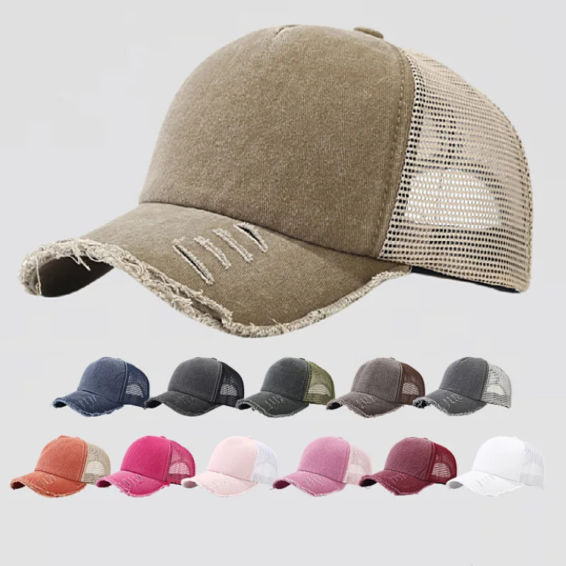Custom 5 Panel Washed Potton Mesh Vintage Cap Hats Distressed Trucker Hat With Patch Logo