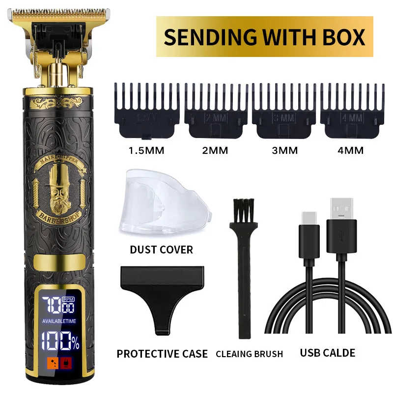 Retro Zero Gapped Rechargeable Cordless Electric Trimmers Set Professional LCD Hair Clippers