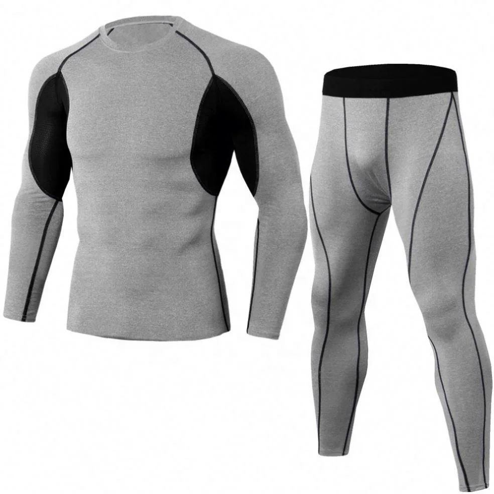 Training Bodybuilding Sport 2 Piece Pants Compression Pants Long-Sleeve T-Shirt Compression Short Tights Men Set