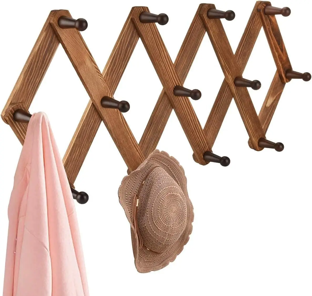 Wooden Expandable Nail Rack -Multifunctional Accordion Wall Hanger with 13 Hooks for Hats, Coats, Mugs, Scarves, Jewelry Storage