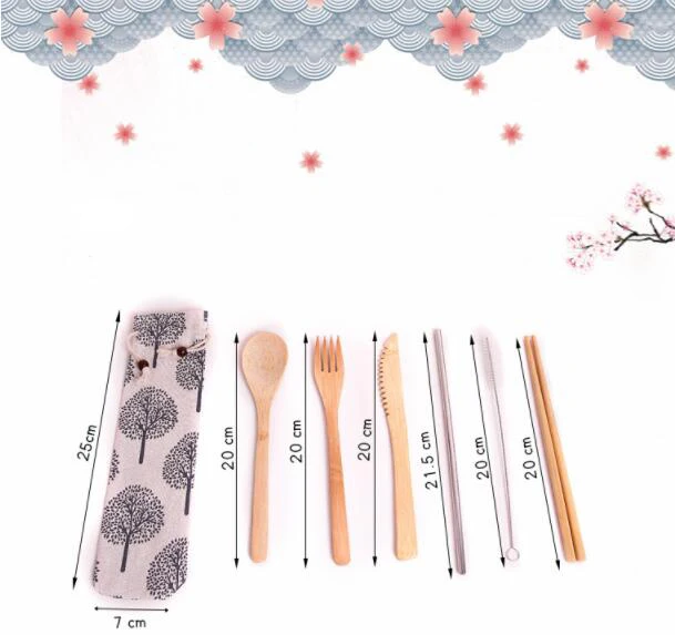 Hot Sale  6pc Natural Bamboo Material Bamboo Cutlery Fork Spoon Knife Straw set for Camping and travel