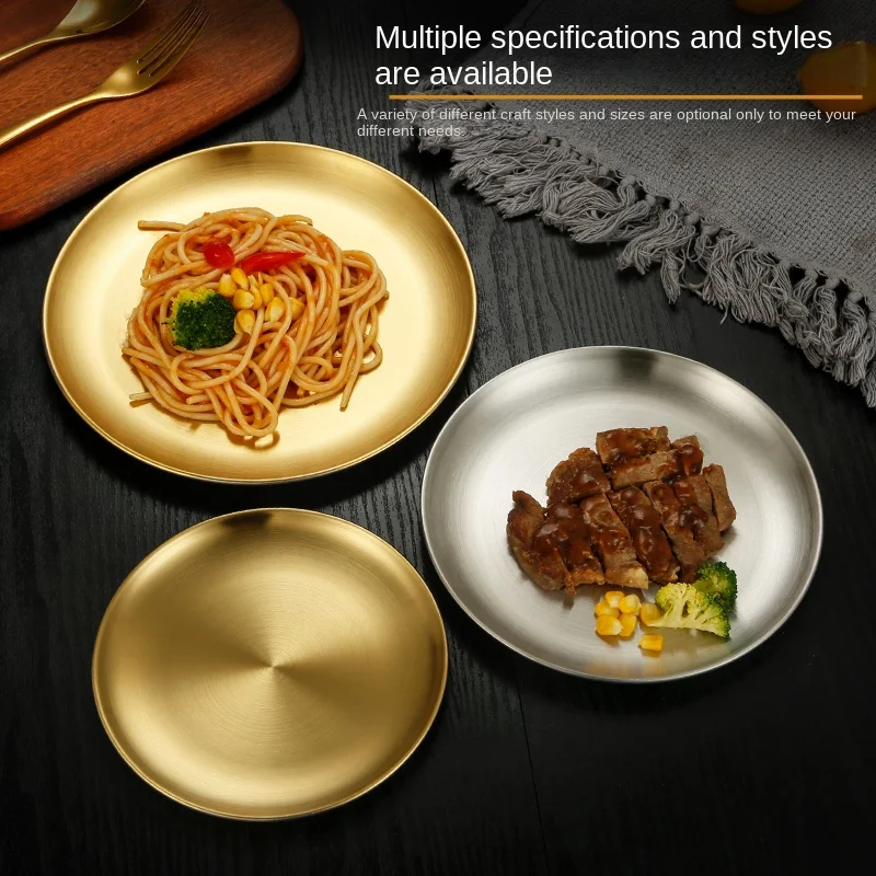 Serving Tray Dinner Plates Storage Plate Cake Dish Gold Round Dessert Stainless Steel Silver Camping Restaurant 8 Inch 20cm Gold