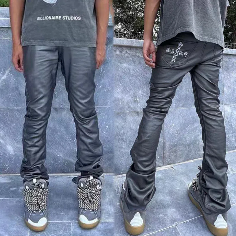 Mens Slim Fit Black Elasticity PU Trousers Sweatpants Street Flare Pants Custom Embroidery Faux Leather Stacked Pants For Men