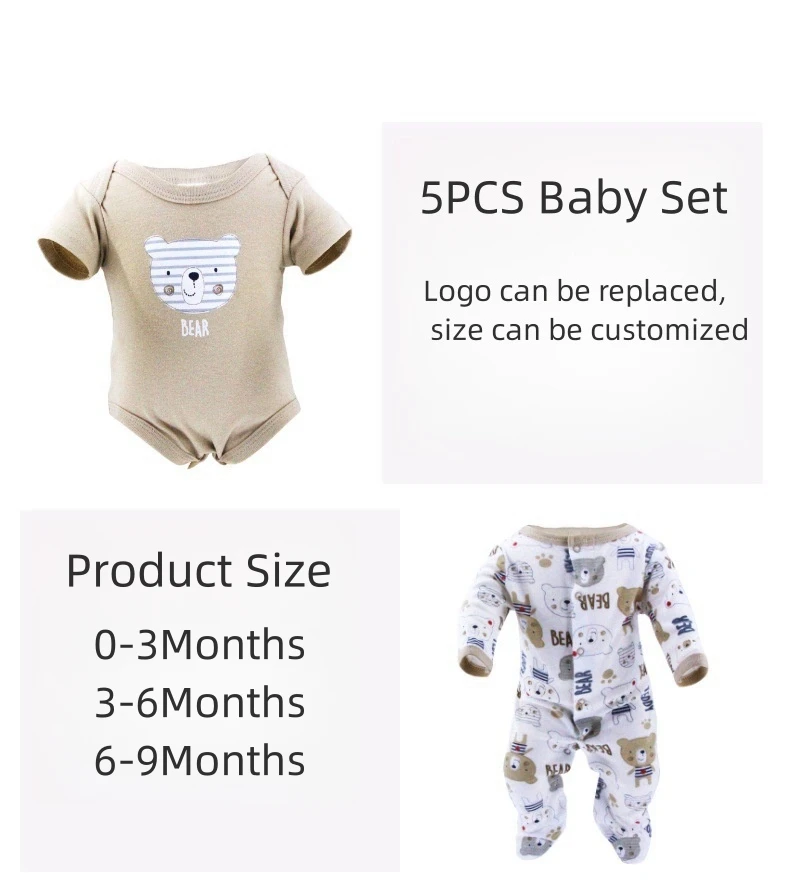 Custom Baby Khaki Bear Newborn Clothes 0-9M Rompers+Bodysuits +Bibs+Hats+Gloves 5pcs Baby Clothes Cotton Romper Gift for Baby