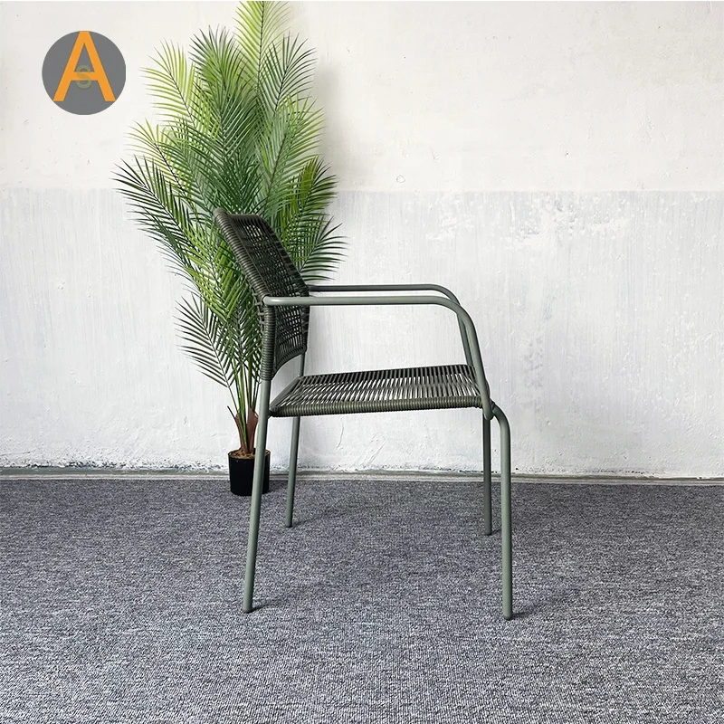 Mid century aluminum alloy hotel restaurant furniture rope chair outdoor dining chairs with arms
