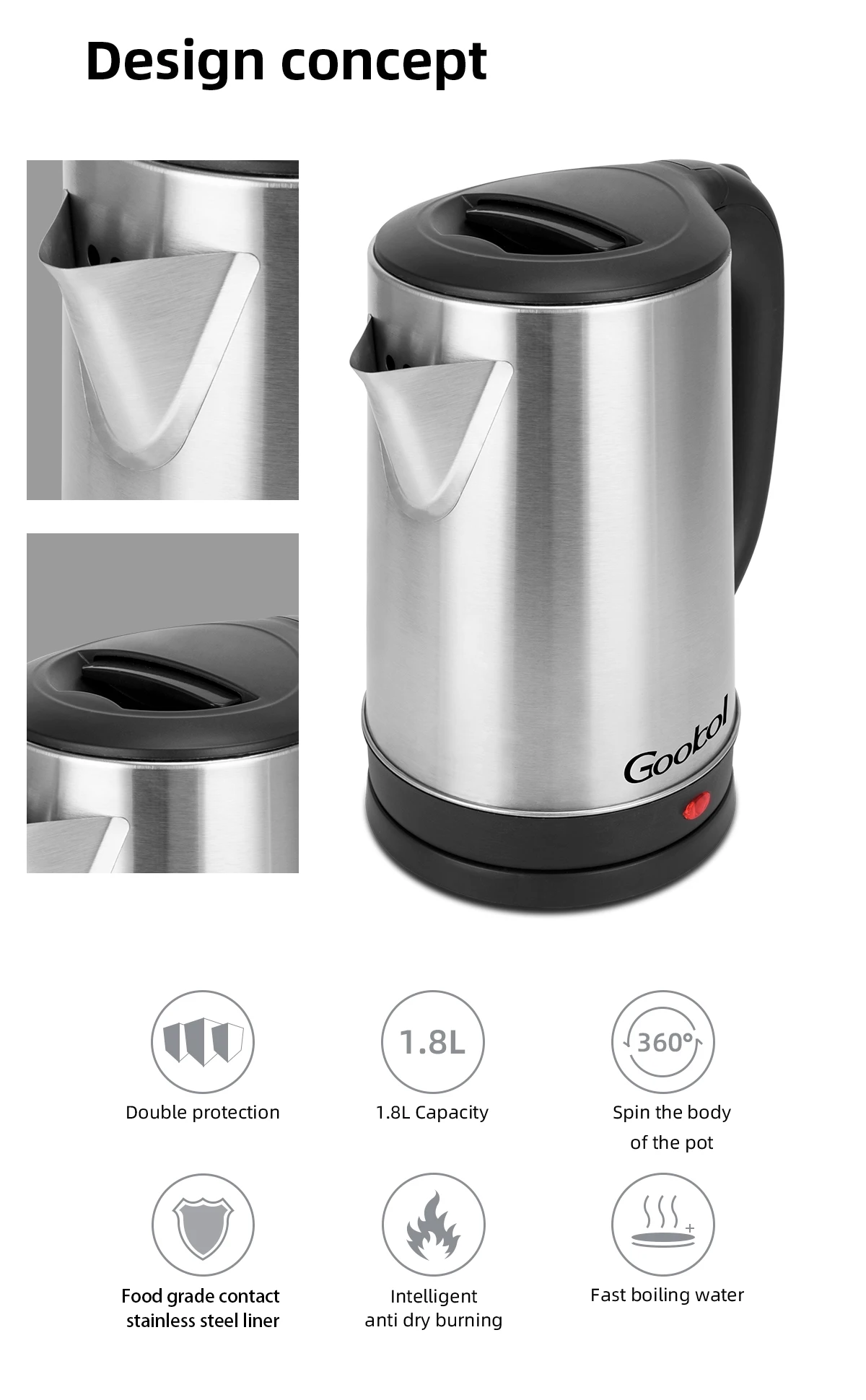 home appliances electric kettle 220v 1.8L water boiling electric kettle stainless steel