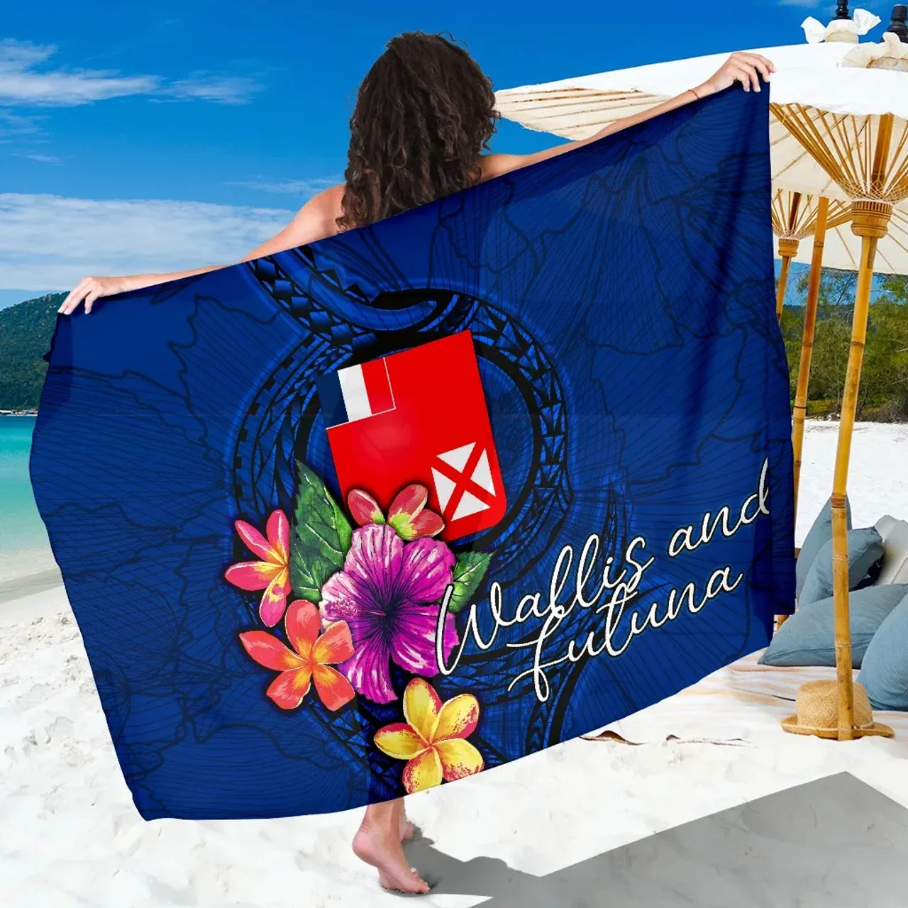 Custom Logo/Image Sarong Wallis and Futuna Polynesian Cover Ups Wrap Floral Seal Blue Print Sarongs Pareos Bikini Beach Swimsuit