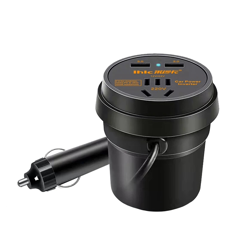 Outlet Cup Holder Car Converter Adapter with 2.4A Dual Smart Quick USB Charger Car Power Inverter 150W DC 12V to 110V 220v