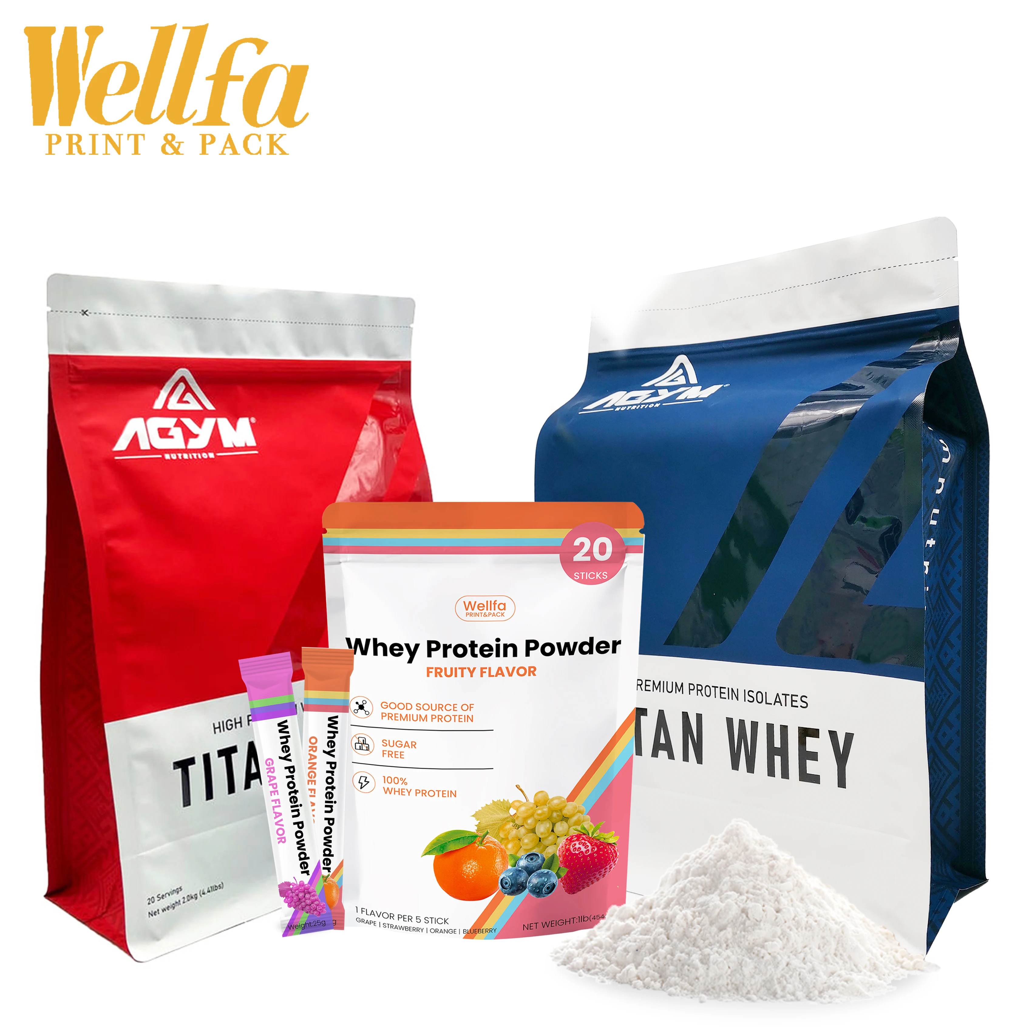 Recyclable Custom 100g 500g 1kg 5kg Resealable Zipper Empty Chocolate Vanilla Protein Powder Packaging Bag With Window