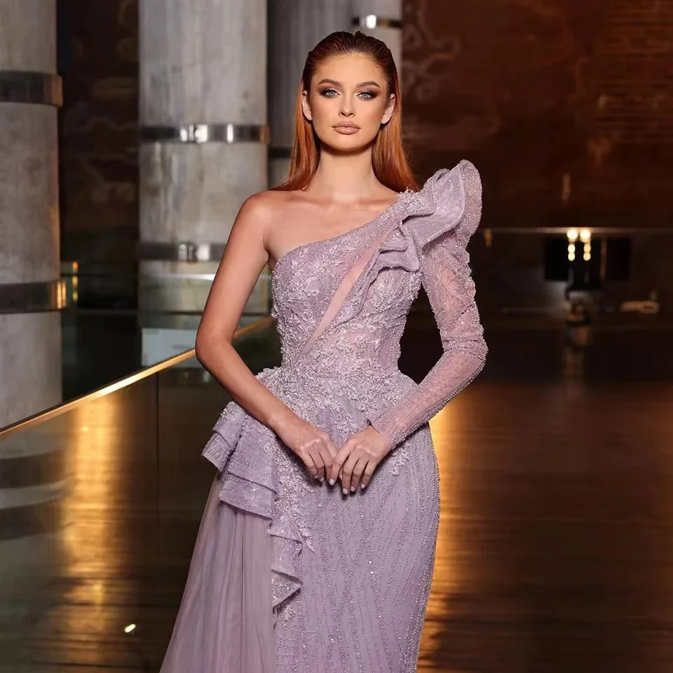 NEW 2023 One Shoulder Luxury Dubai Evening Dress Arabic Side Slit Mermaid Prom Formal Dress For Wedding