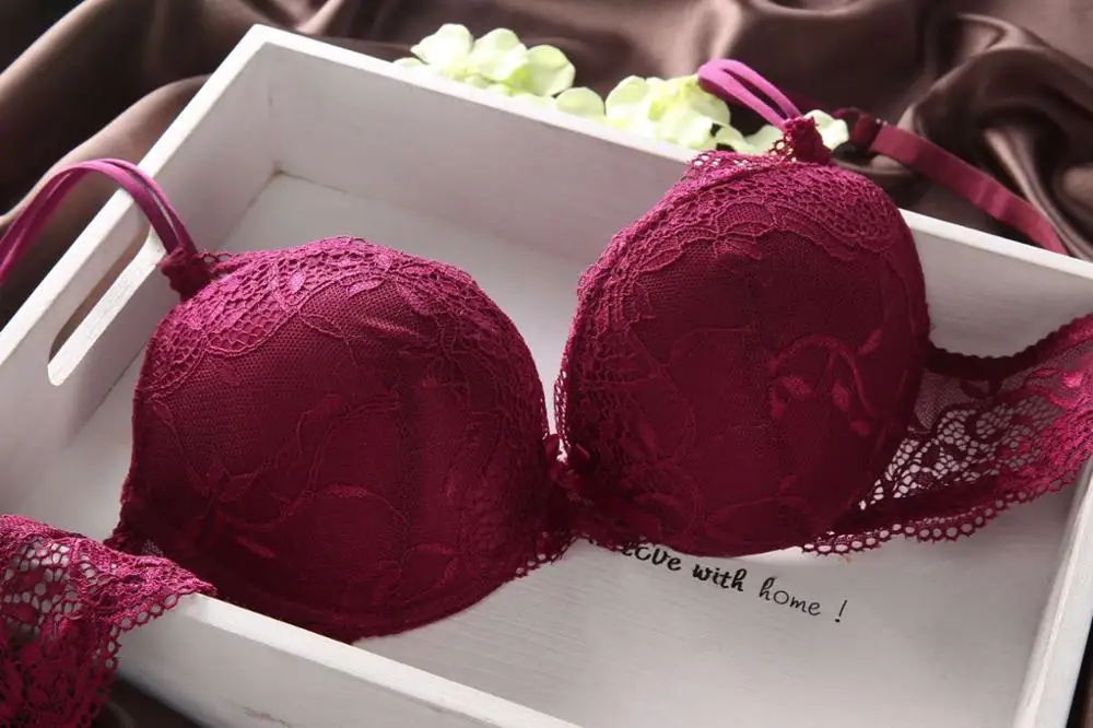 Low Price Women Fashion 2 Piece Solid sexy Transparent Lace Underwire bras Push Up Underwear Panty Bra Brief Set