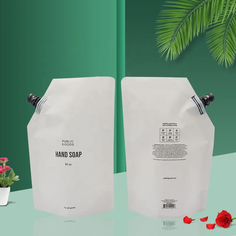Wholesale Custom 34oz White Travel Hand Liquid Detergent Shampoo Water Packaging Bag For Soap Refillable Plastic Spout Pouch