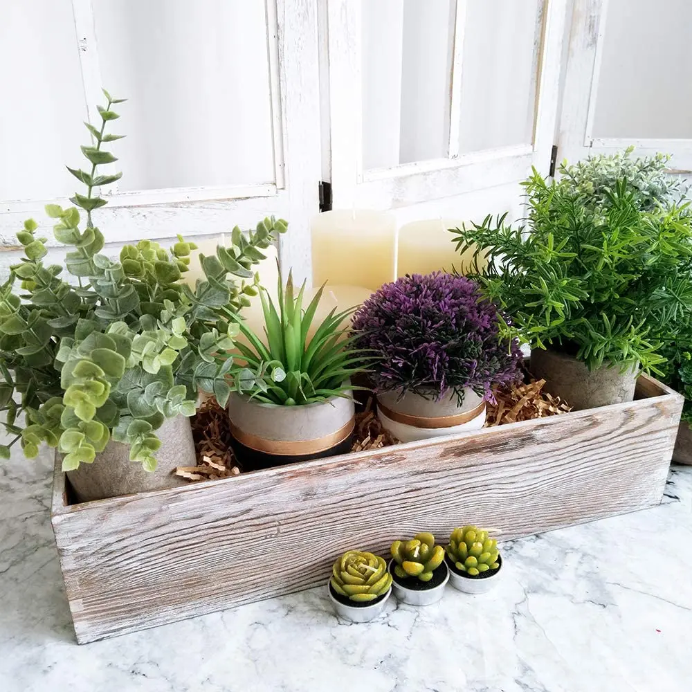 Wood Planter Box Rectangle Whitewashed Wooden Rectangular Planter Decorative Rustic Wooden Box with Inner Plastic Box
