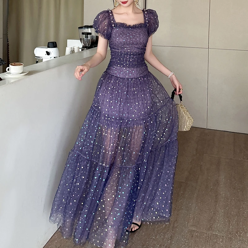 ZYHT 91163 Bulk Wholesale Pleated See Through Mesh Purple Dot Glitter Party Summer Cocktail Long Maxi Dresses for Women
