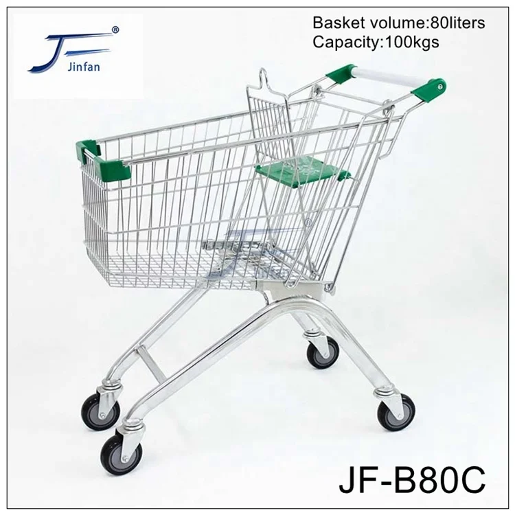 Professional Manufacturer chrome plated metal steel supermarket store euro style shopping trolley 80 liters