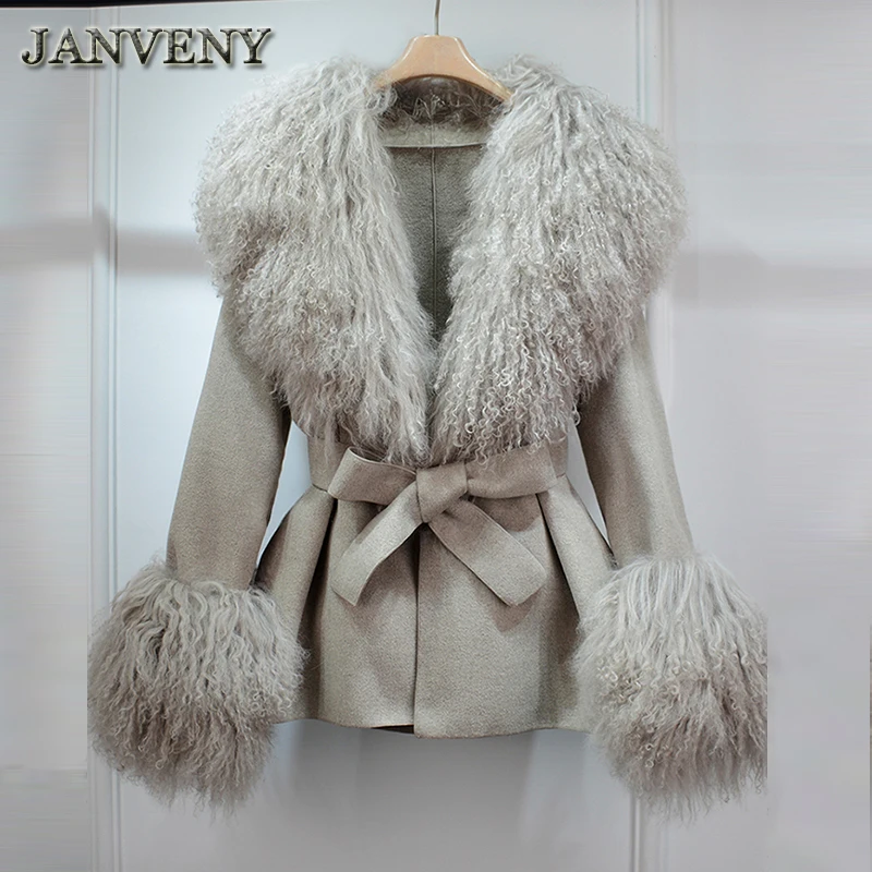 JANVENY New Real Fluffy Mongolian Lamb Fur Collar Cuff Woolen Jacket Women Winter Slim Sashes Mid Length Cashmere Trench Coat