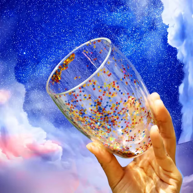 Glass Quicksand Coffee Mug High Borosilicate Double Layer Sequin Cup  Household Breakfast Milk Drinking Cups