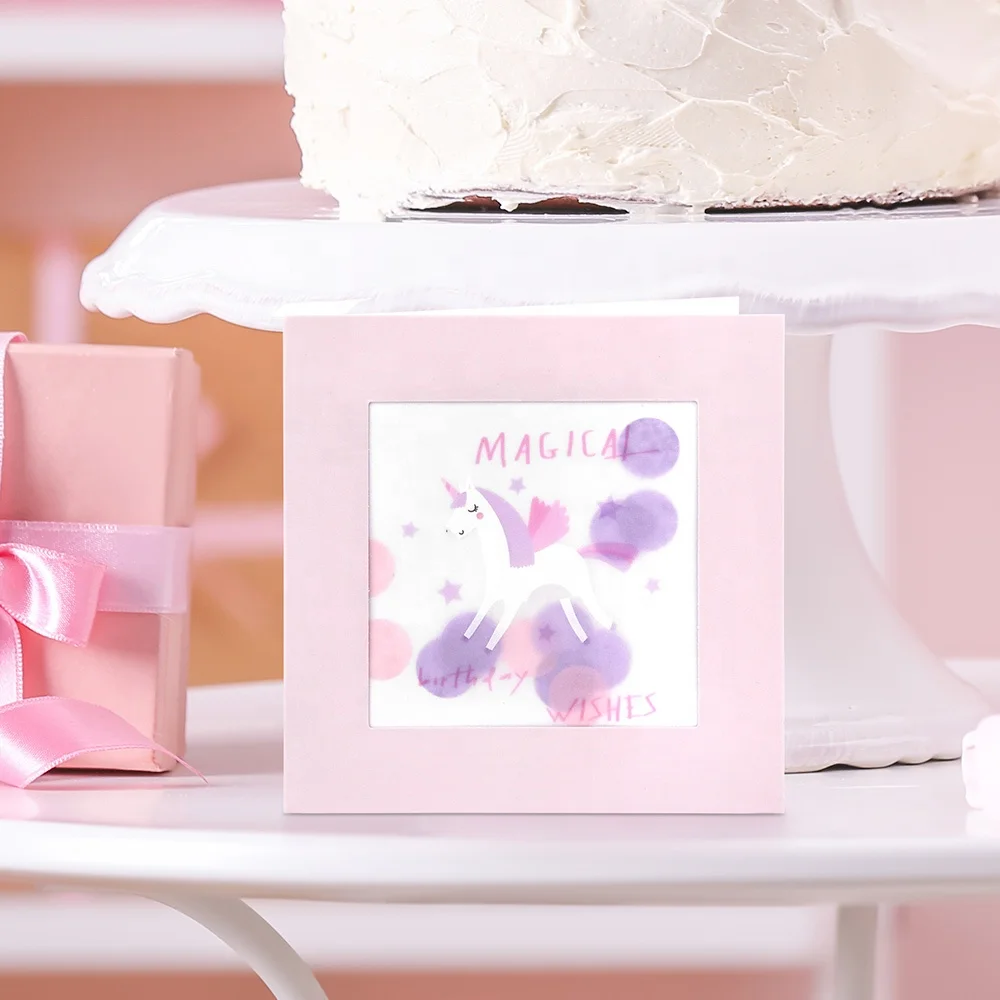 Manufacturer Custom Printing Square Purple Funny Unicorn Girls Blank Handmade Kids Happy Birthday Greeting Cards with Envelope