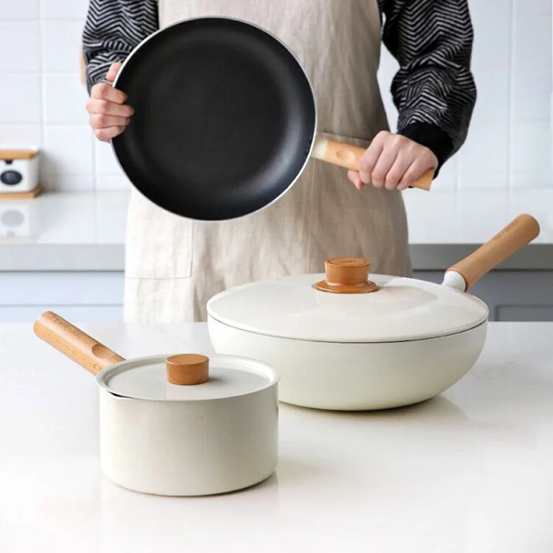 Non-Stick Cooking Wok Set Whit Lid Thickened Kitchen Soup Pot Flat-Bottomed Milk Pan Wooden Handle Pot Cookware Sets