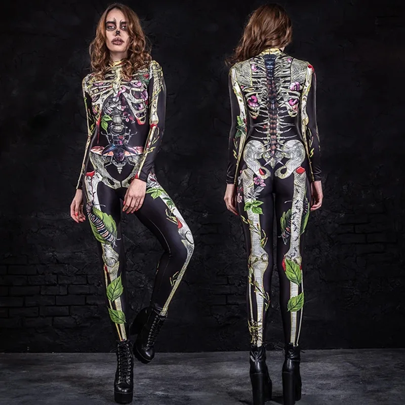 
F22117A 2021 New Halloween Costume Jumpsuits Cosplay Fancy Dress Skeleton Women Clothing Jumpsuits 