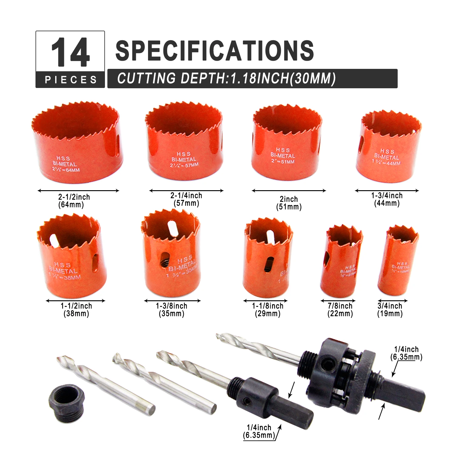 Bi-Metal Hole Saw Kit,LAIWEI14PCS High Performance Hole Saw Set with Arbors Replacement Drill Bits and Hex Key, Metal, Wood Cut