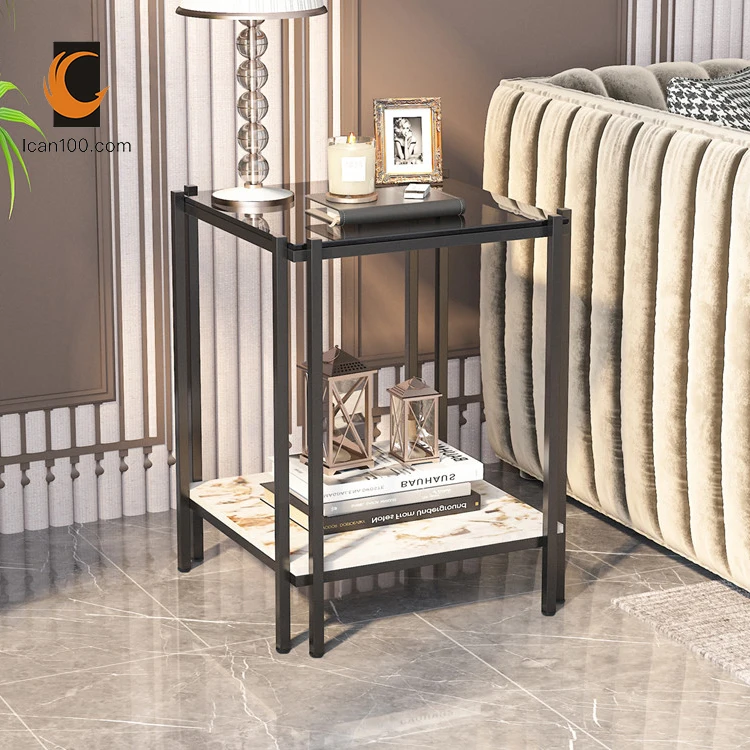 Retro Style Square Sintered Stone And tempered glass Table Top  Metal Frame Table Living Room Furniture  Coffee Table