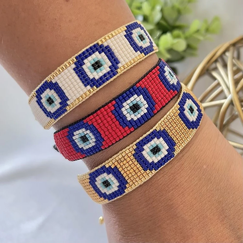 Go2BoHo Miyuki Evil Eye Beaded Bracelet BOHO Fashion Jewelry Three Eyes White / Golden Handmade Woven  Beads Bracelets