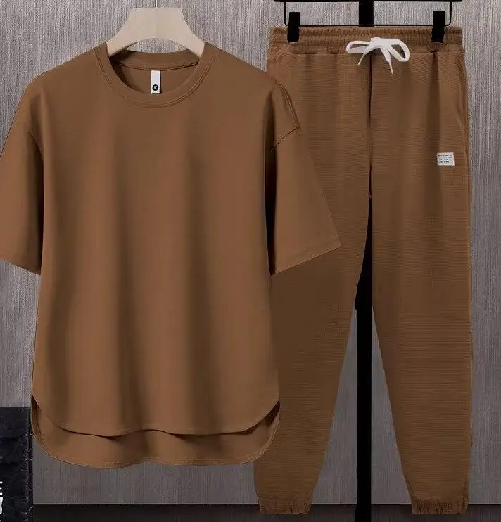 Hot Selling Men s Loose Sportswear Set Solid Color Tshirt Casual Pants