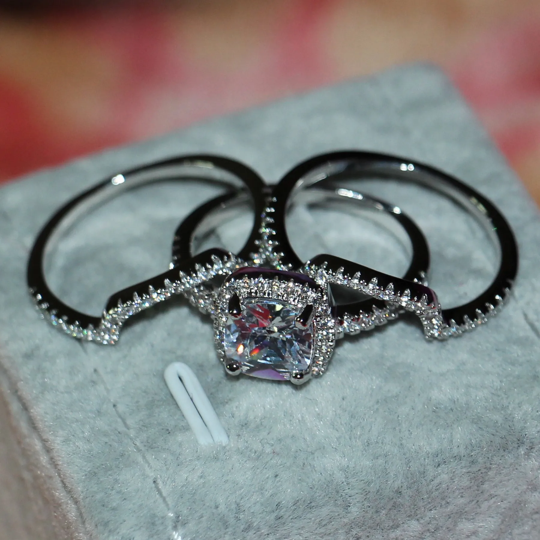 
Sterling Silver Princess Cut Bridal Set Engagement Wedding Ring Bands With Cubic Zirconia 