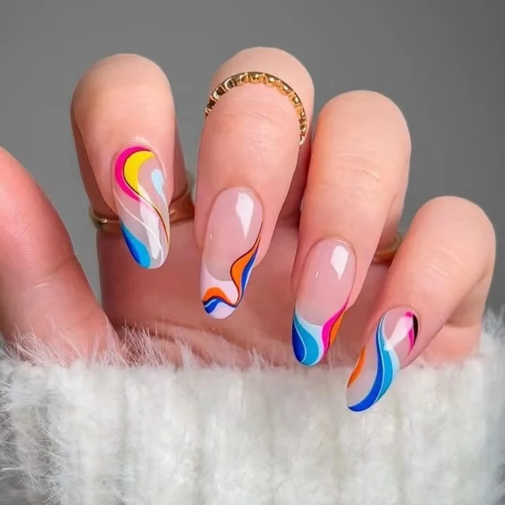 Verified Factory Wholesale Price Full Cover Designed in Rainbow Color Fashion Swirl Oval Press On Nails