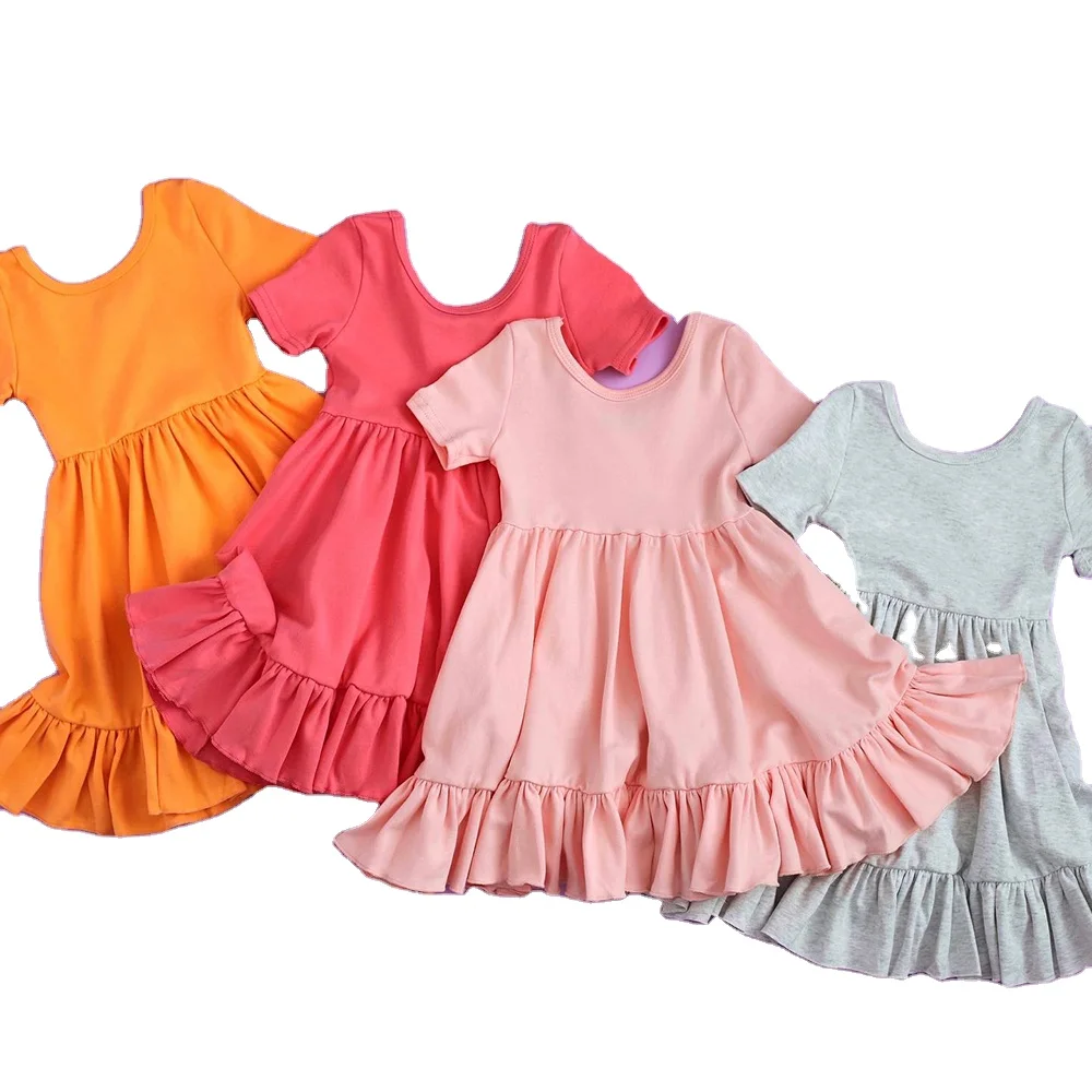 Baby Girls Casual Wear Short Sleeve Solid Knit Cotton Sweet Knee Length Dress Ruffle Twirl Dresses with Scoop Back