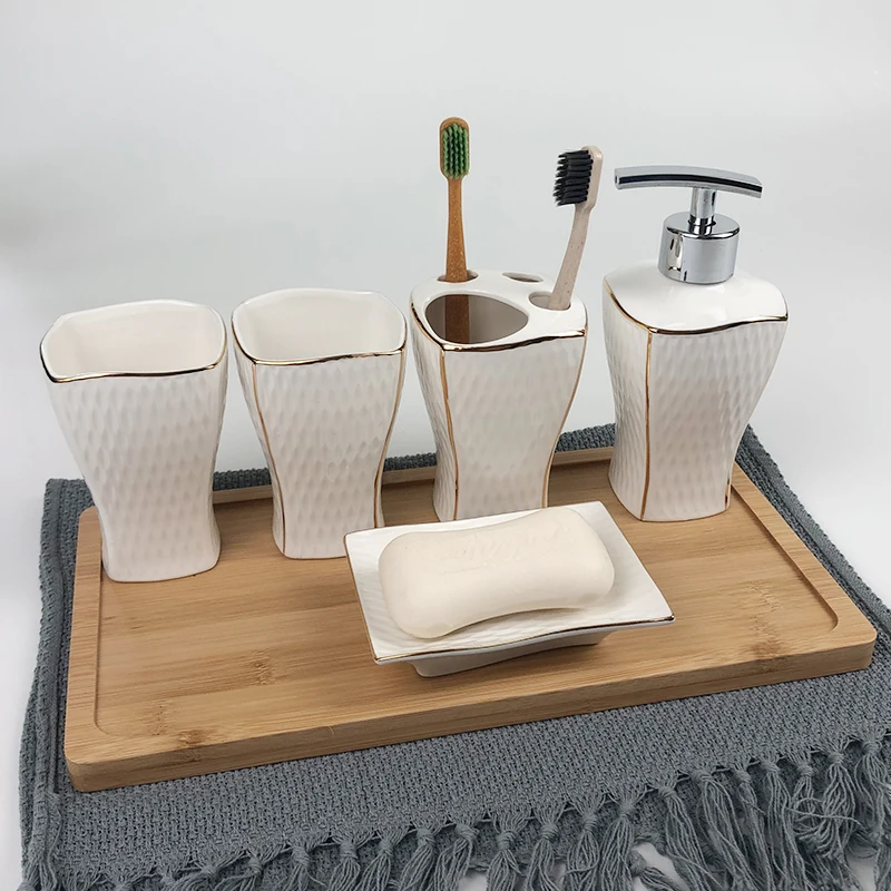 Wholesale Customized Printed White Ceramic Embossed Porcelain Bathroom Accessory Set