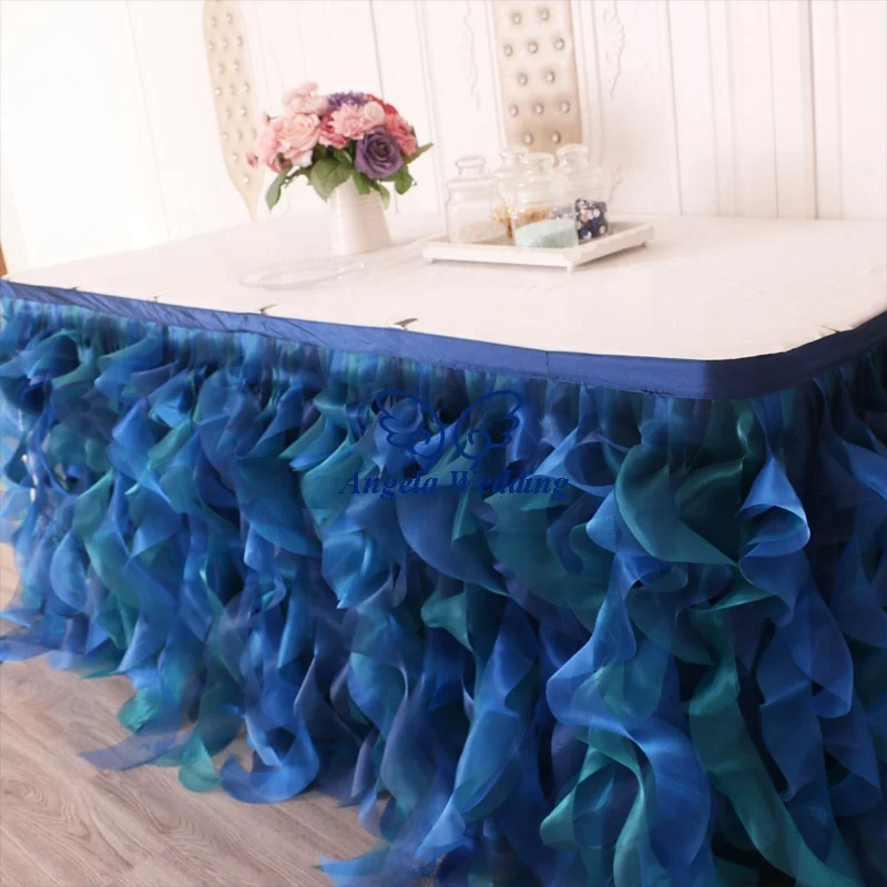 SK010M different design Christmas birthday party royal blue navy blue and green mixed organza curly willow table skirt