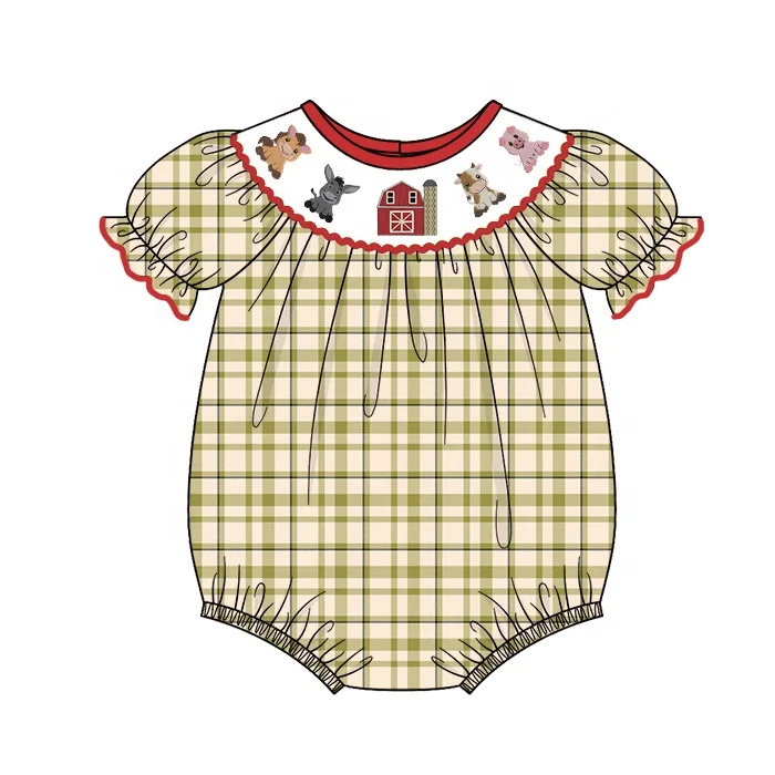 Kids Smocked Clothing Infant Baby Toddler Girls Boys Sibling Matching Clothes Fall Farm Embroidered Plaid Dress Outfit Romper