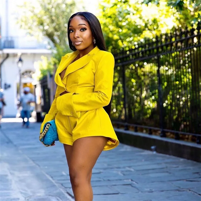Autumn Premium Satin Cropped Blazer Ruby Yellow High Rise Shorts Set Women