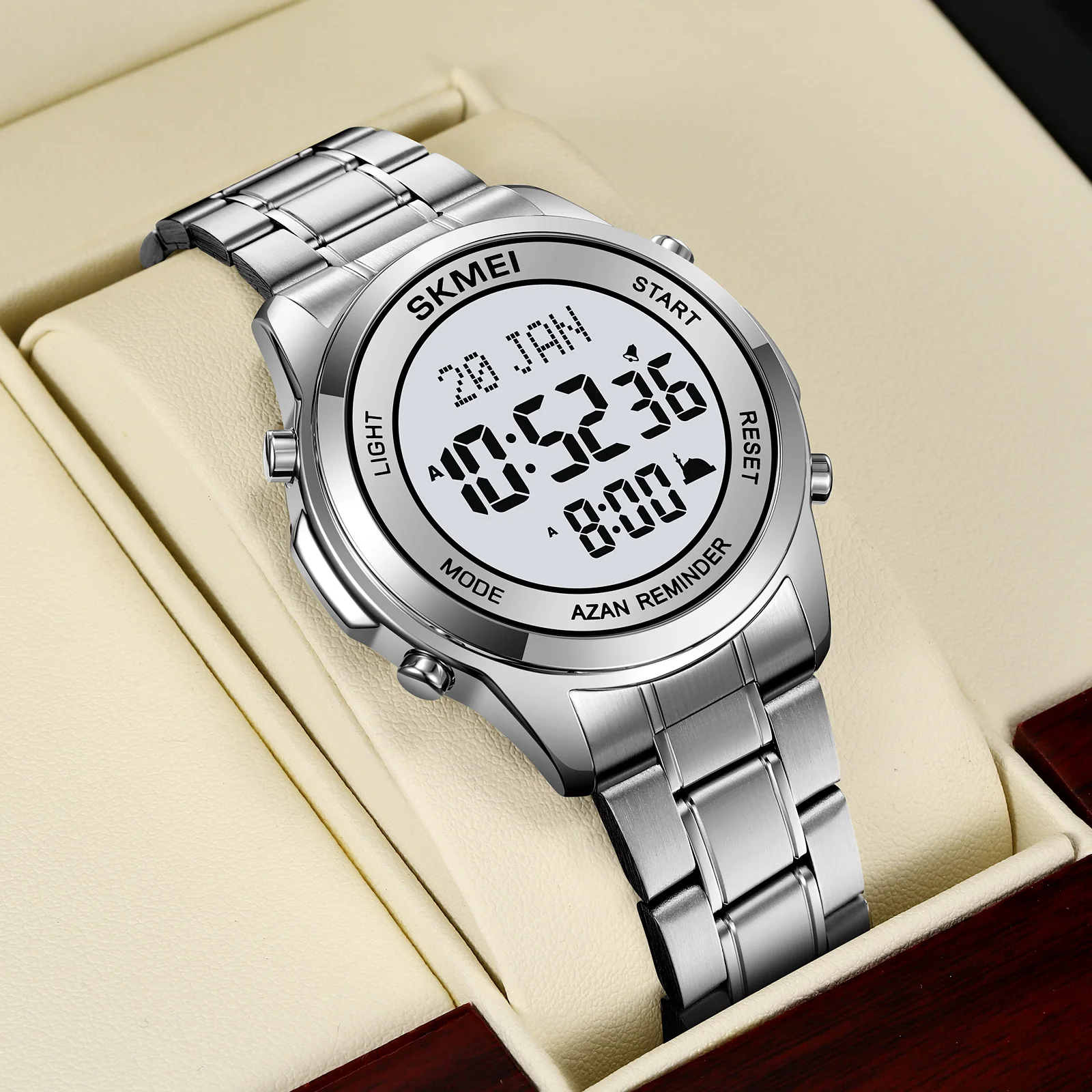 Skmei 2097 Al Azan Wrist Watch for Muslim Prayers Arabic Islamic Qibla Direction Stainless Steel Digital Watches