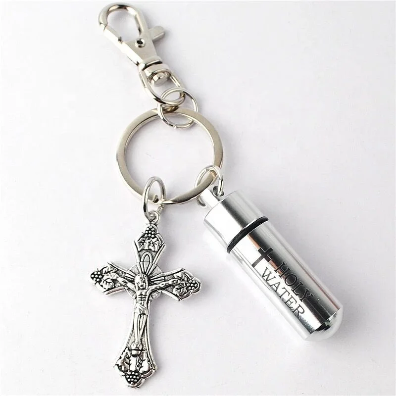 Wholesale Price Religious Gifts Cross Key Ring Crucifix Key Chain with Metal Holy Water Bottle