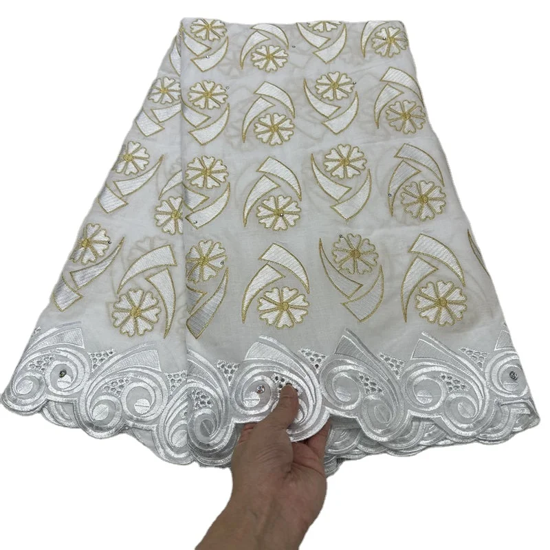 swiss voile cotton embroidery lace fabric  hot  sale  wedding white and gold  material  goods in  latest fashion soft  design
