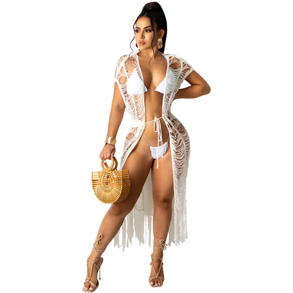 
TR-1158 Summer Women Lace Crochet Solid Color Transparent Casual Beach Cover Long Cardigan Cape Outerwear Top 