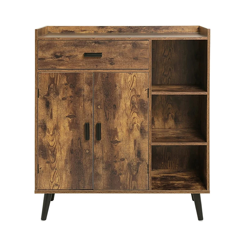 Rustic Brown Bedroom Home Office Mid Century Wooden Sideboard Storage Organizer Storage Cabinet With 1 Drawer 2 Doors 3 Shelves