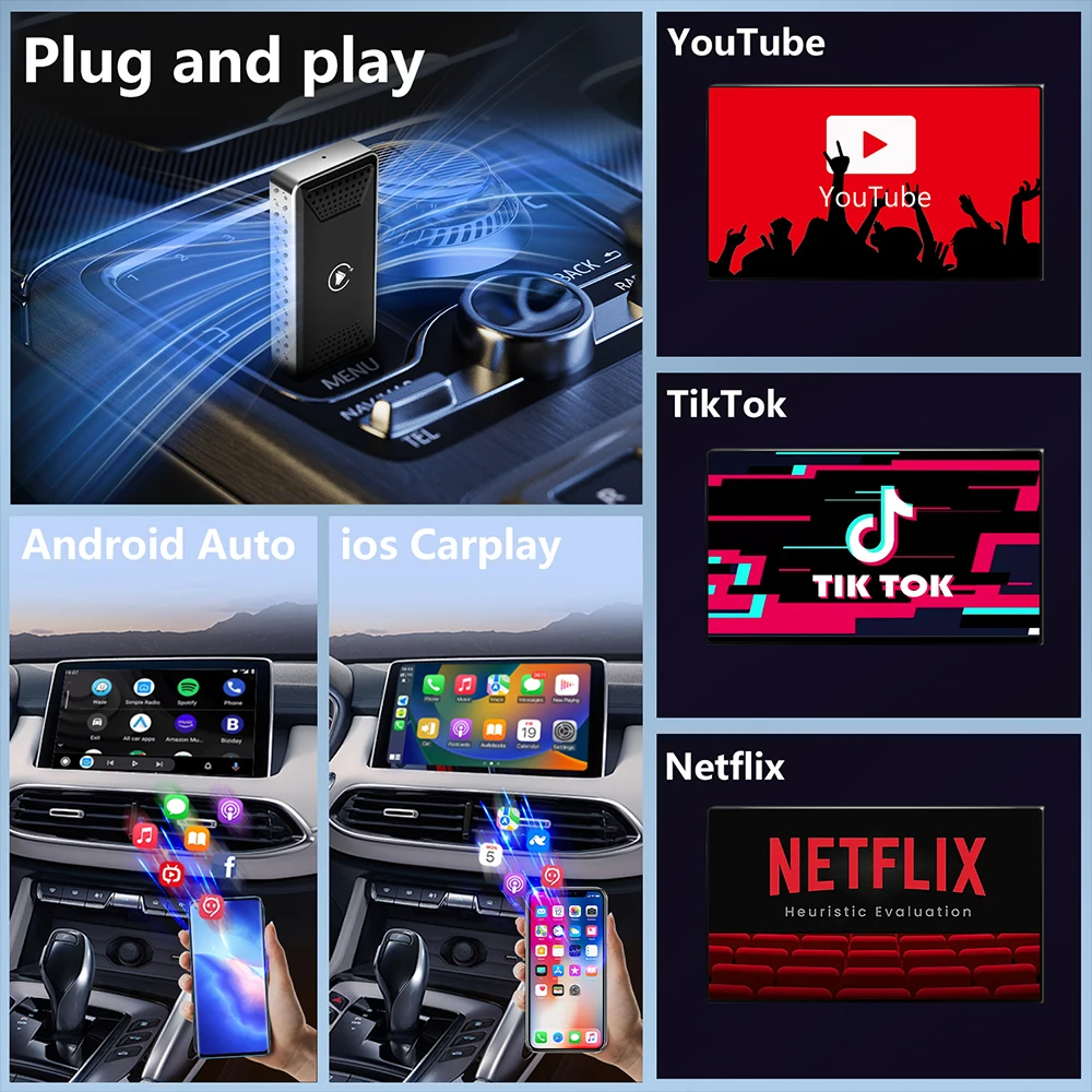 2+16G Wired To Wireless Carplay Adapter Android Auto Adapter Youtube Netflix Video Ai box
